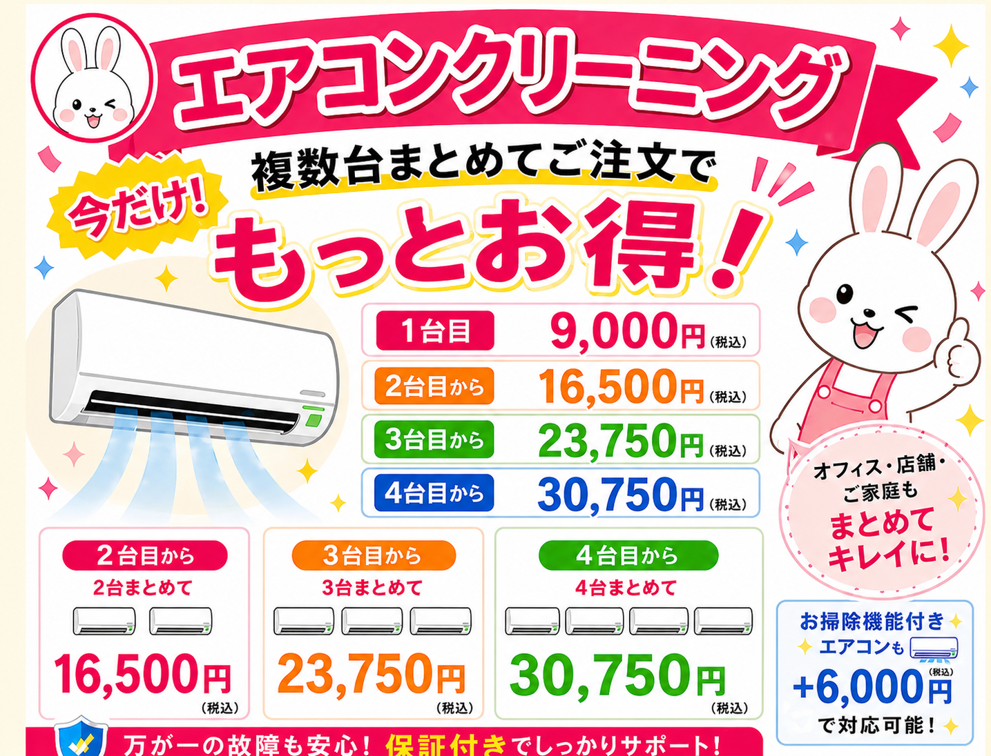 エアコンクリーニング大阪の料金表。1台9000円、2台目から16500円、3台目23750円、4台目30750円の複数台割引でお得なPTS-FC